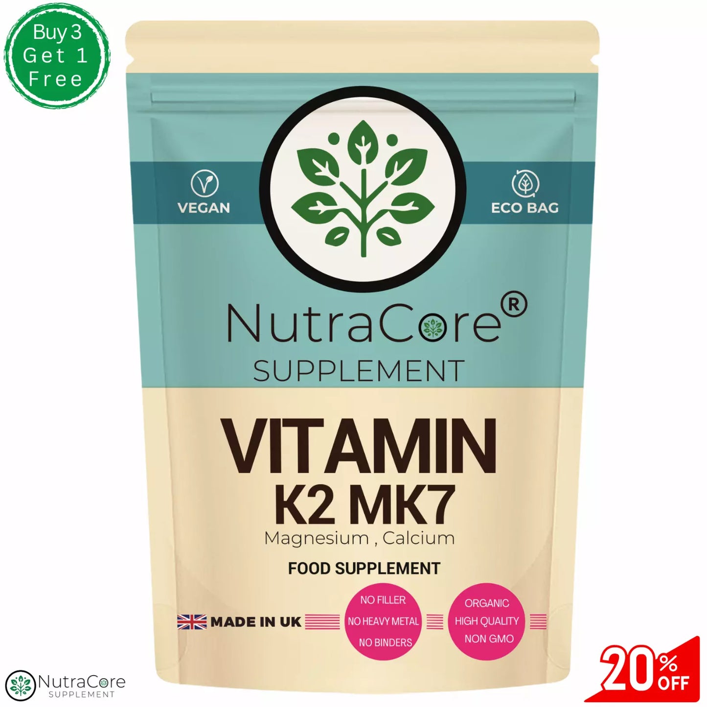 Vitamin K2 MK7-Magn. Glycinate & Calcium-100% Natural-Brain, Hearth, Bone Health