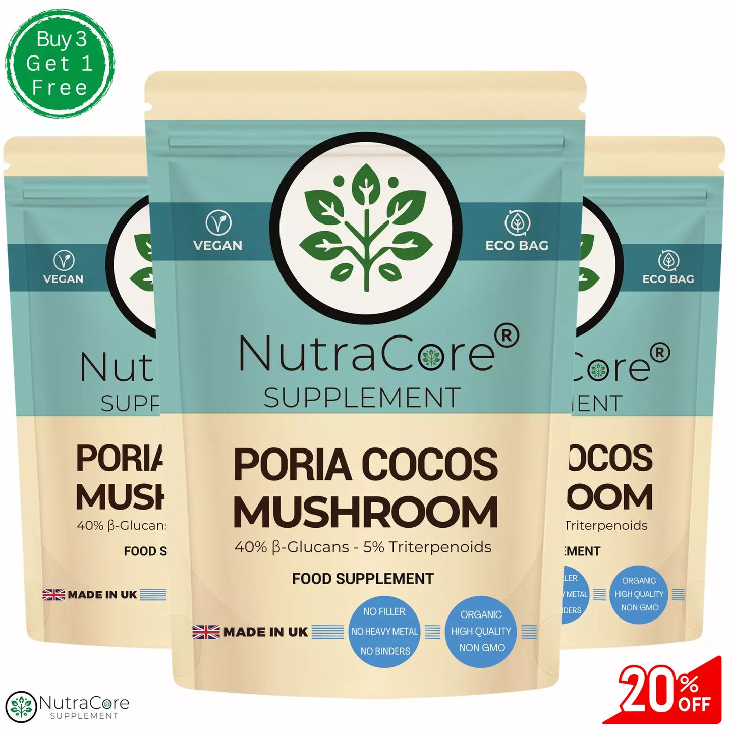 Poria Cocos Mushroom 500mg Caps-(30% B-Glucan) Fatigue, Tension, Memory Support