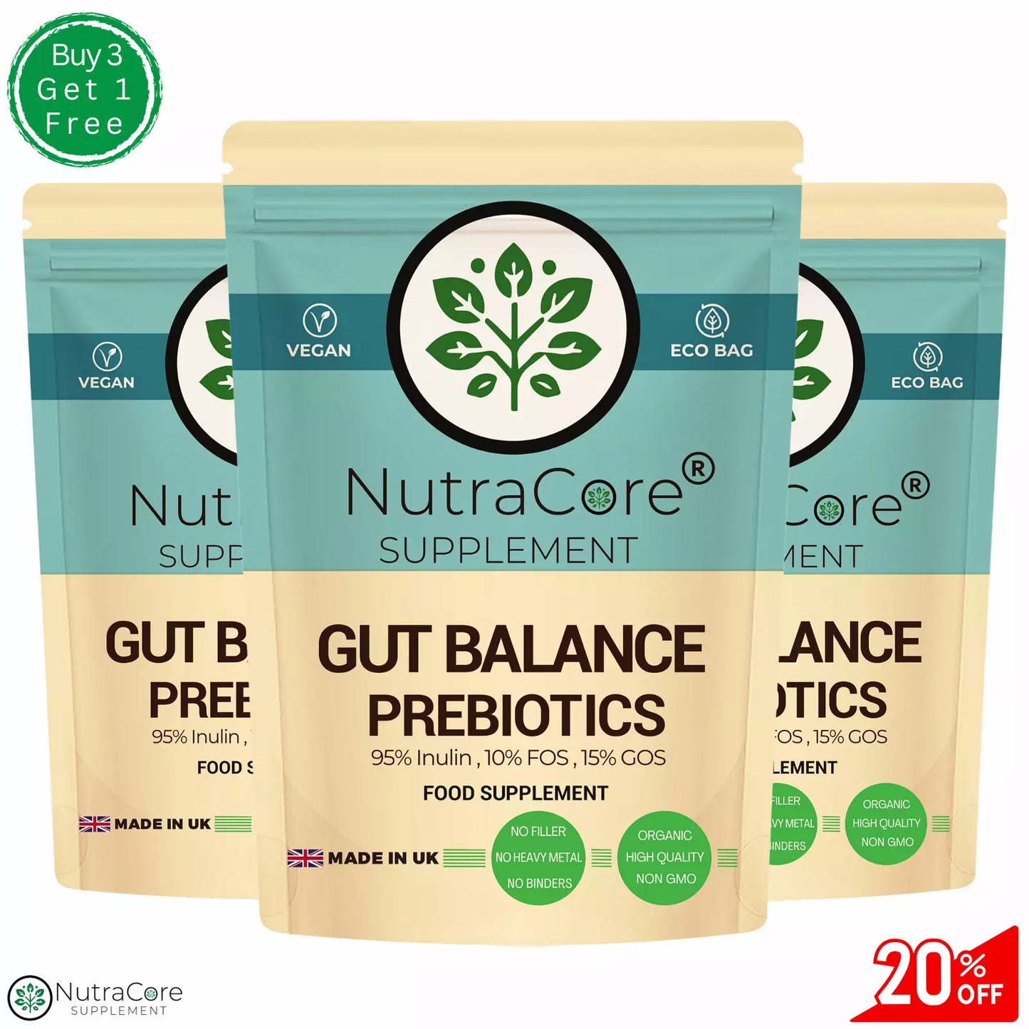 ORGANIC PREBIOTICS 600mg Capsules(90%Chicory Inulin, 10%FOS, 15%GOS)-Gut Balance