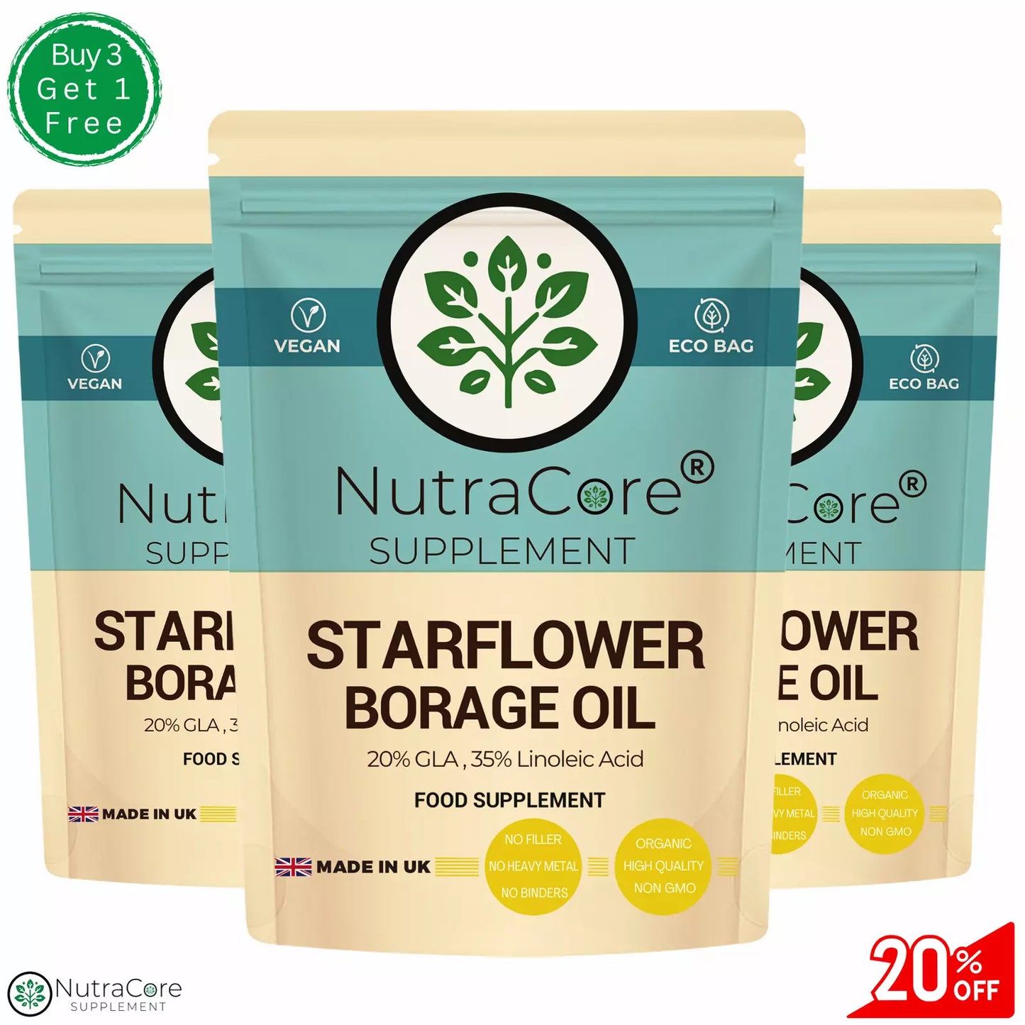 STARFLOWER OIL (BORAGE OIL) Capsules, 1100mg-(20% GLA , 35% Linoleic Acid)-Vegan