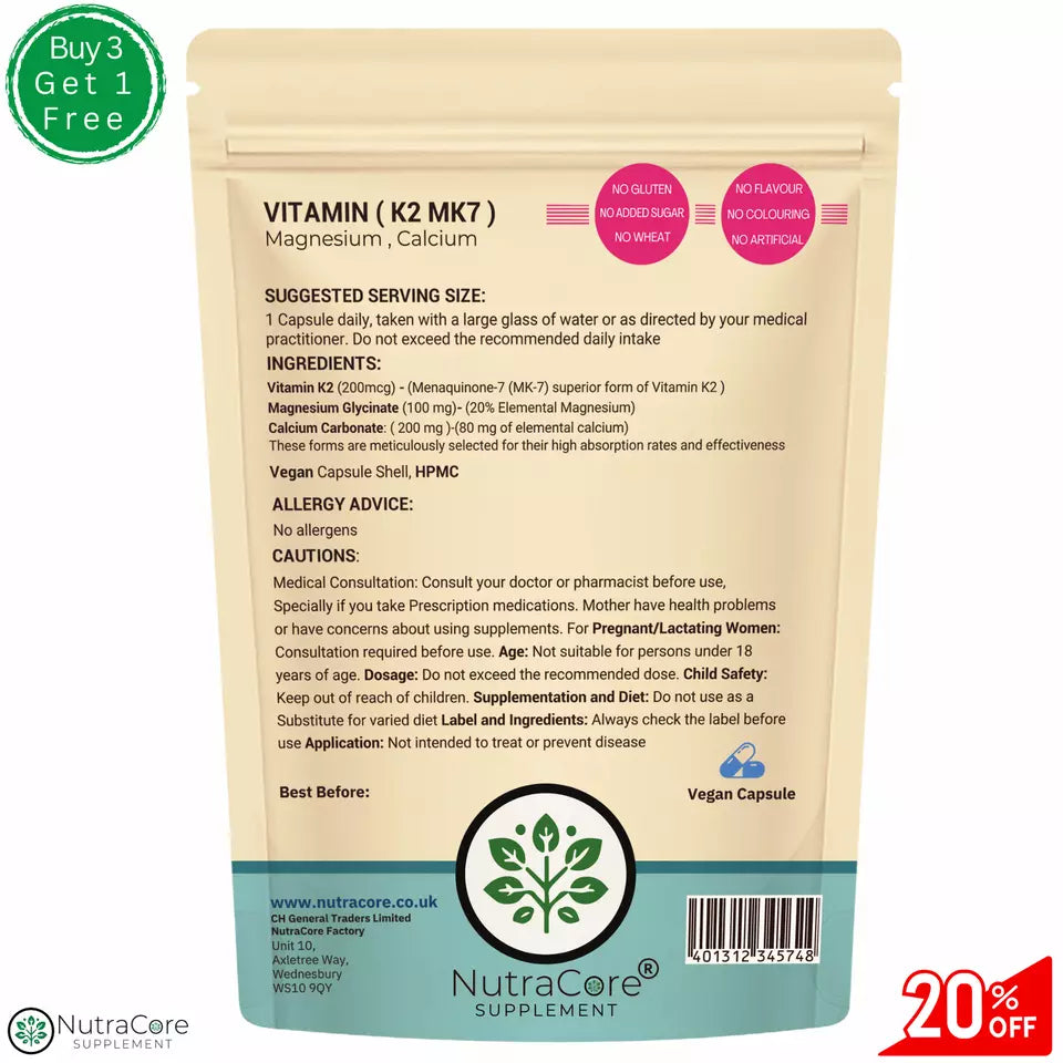 Vitamin K2 MK7-Magn. Glycinate & Calcium-100% Natural-Brain, Hearth, Bone Health