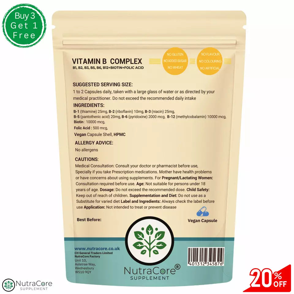 Vitamin B Complex HIGH STRENGTH Capsules-B1 B2 B3 B5 B6 B12 +Biotin Folic Acid