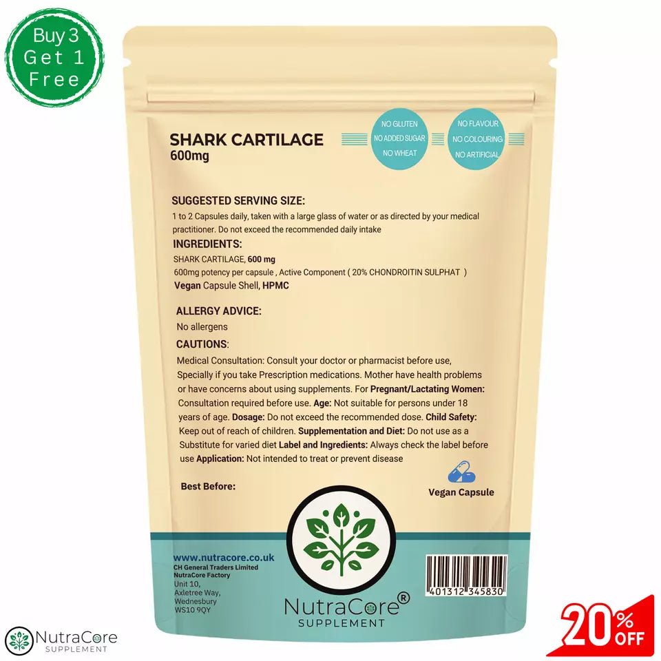 Shark Cartilage Capsule, 600mg-(20% Chondroitin)-Anti-Inflammatory &Joint Health