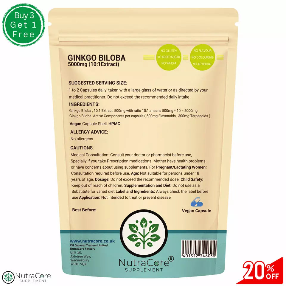 Ginkgo Biloba Capsules 5000mg (300mg Terpenoids)Vegan &Effective, Memory Support