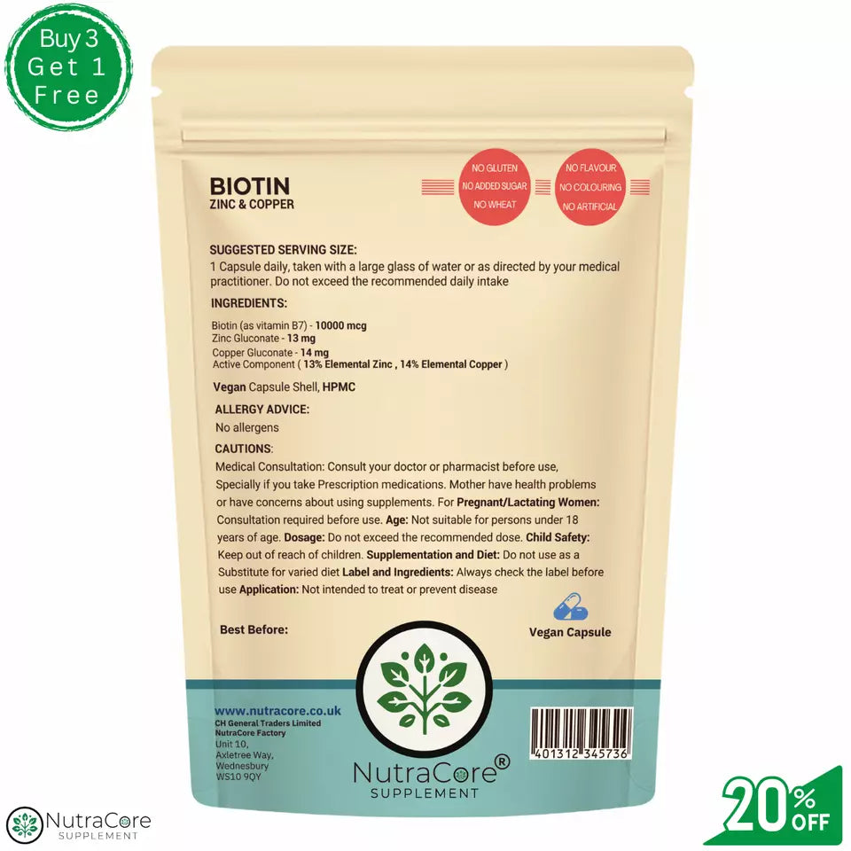 BIOTIN Hair Growth Supplement BIOTIN 10,000mcg-Zinc & Copper Vegan Capsules