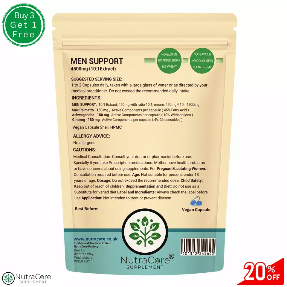 MEN SUPPORT COMPLEX Capsules-4500mg-Saw Plamento,Ashwaganda,Ginseng-10:1 Extract