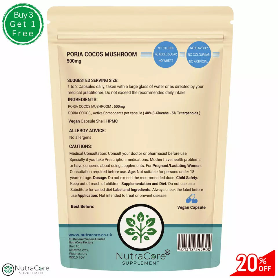 Poria Cocos Mushroom 500mg Capsules | 40% Beta-Glucans | Vegan