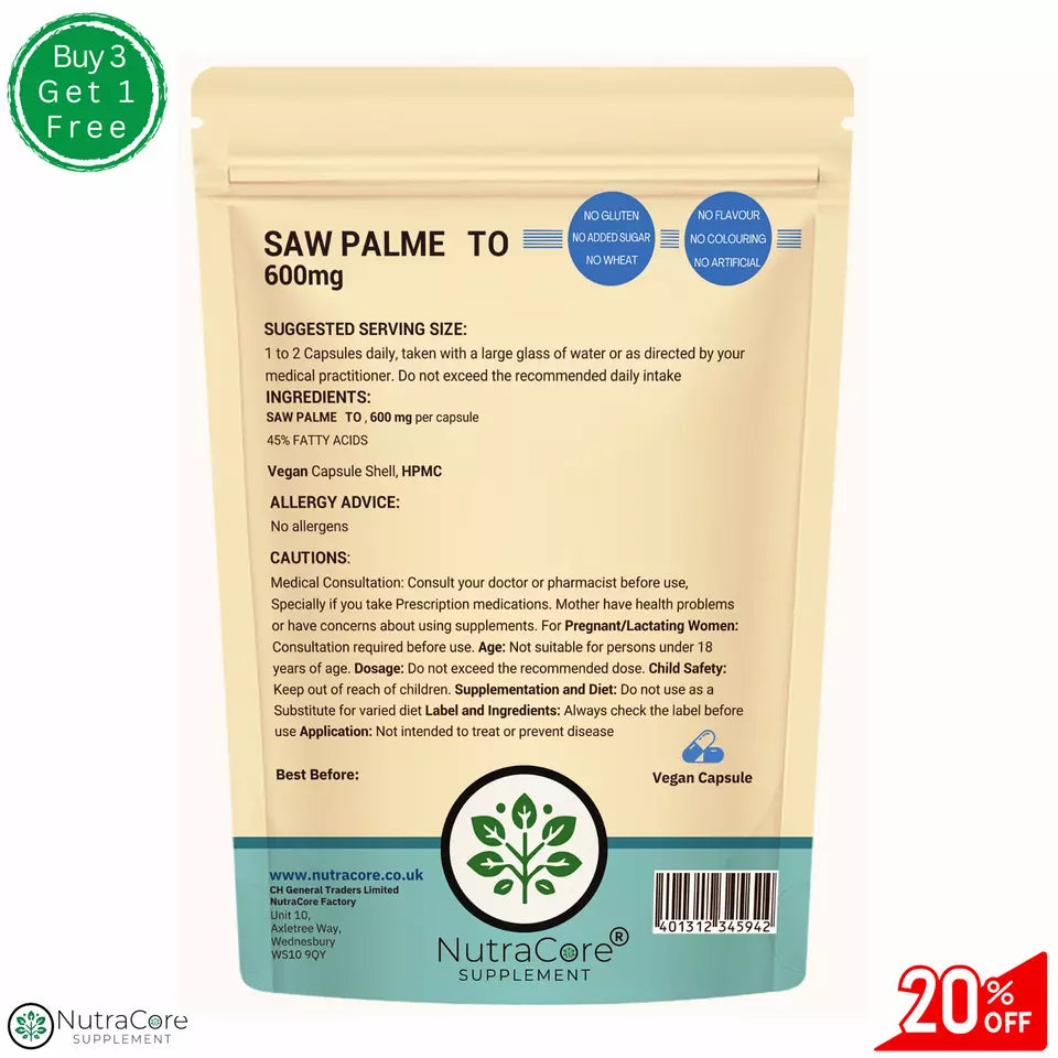 Saw Palmetto Capsules 600mg-(45% Fatty Acids )-Vegan ,Hair Loss &Prostate Health