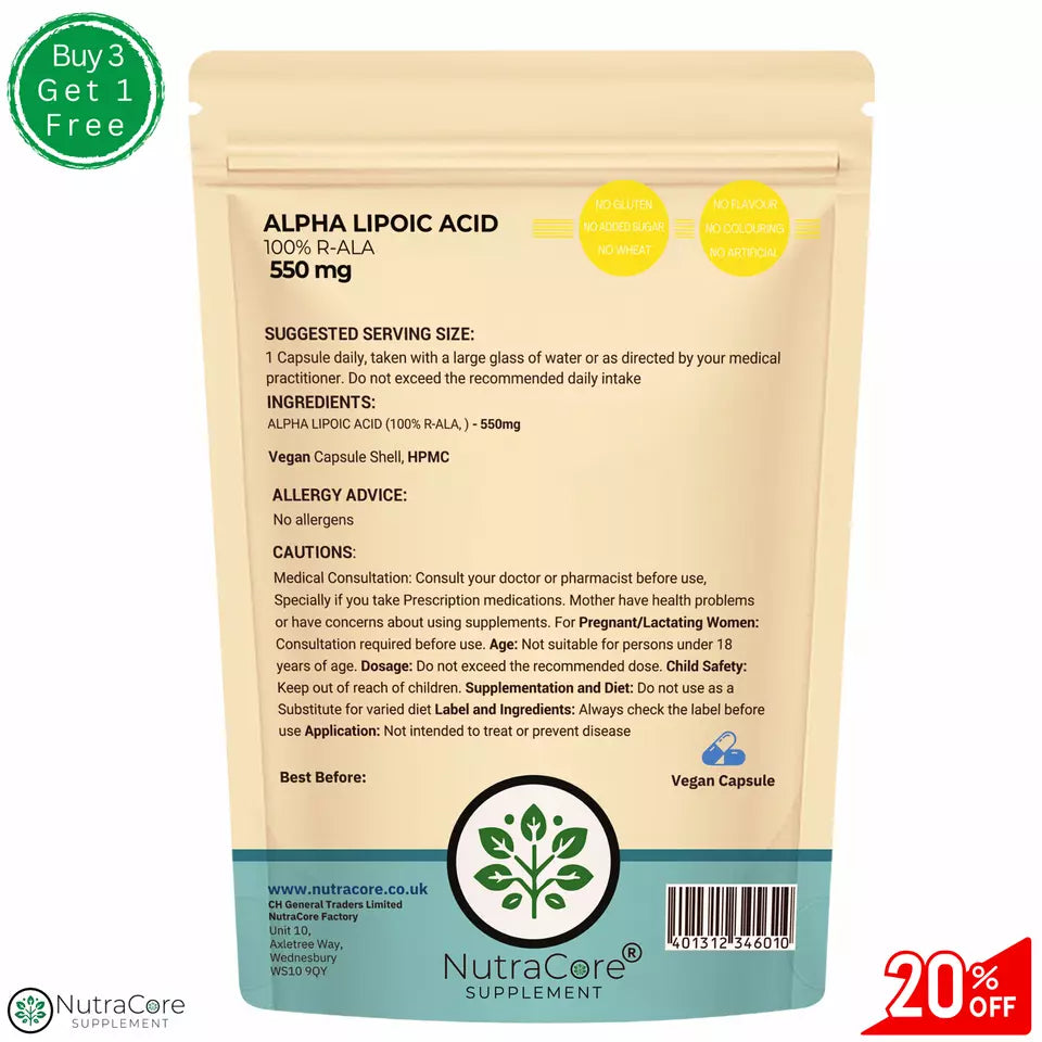 Alpha Lipoic Acid 550mg Capsules 99% ALA Strongest, Antioxidant, 100% Natural