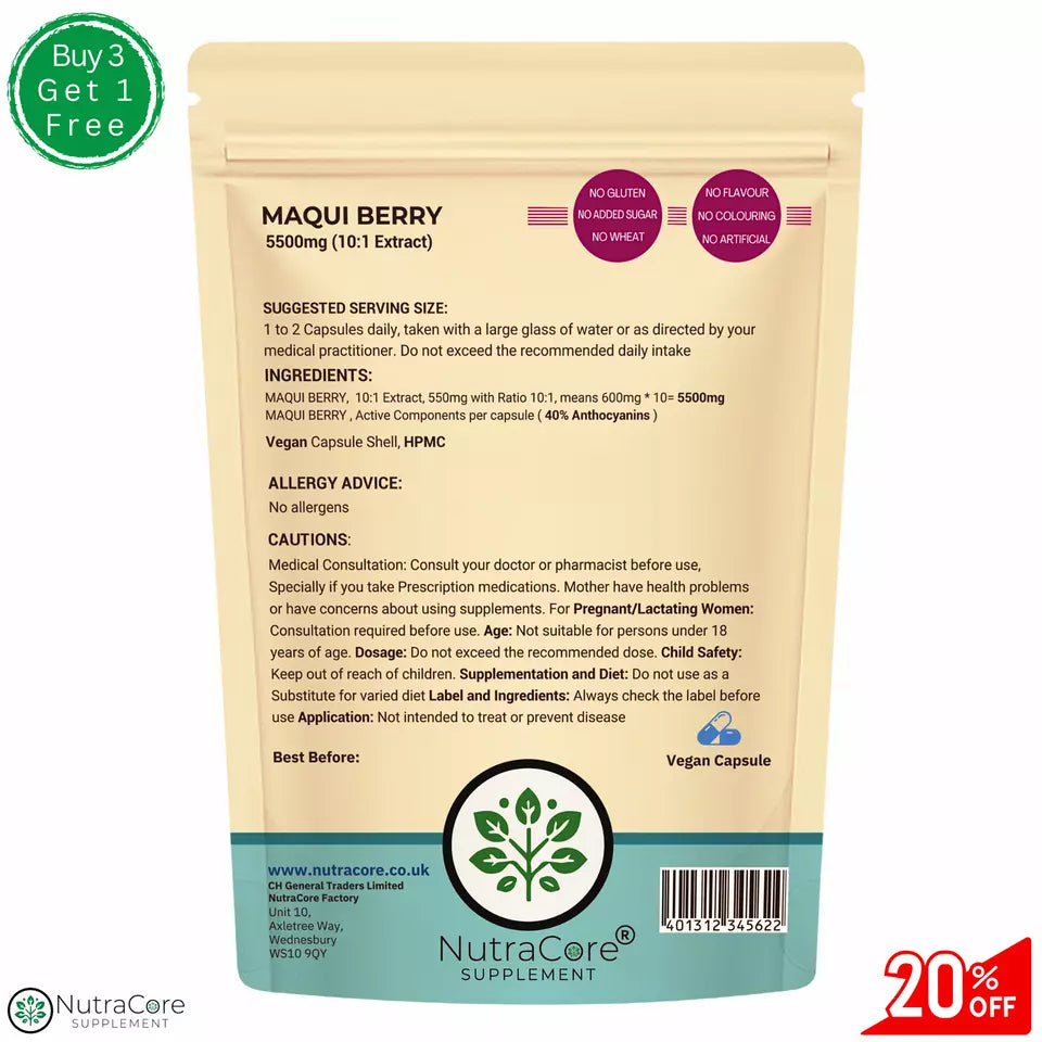 Maqui Berry Capsules 5500mg(40% Anthocyanins)Gut &Eye Support-100%Vegan &Natural
