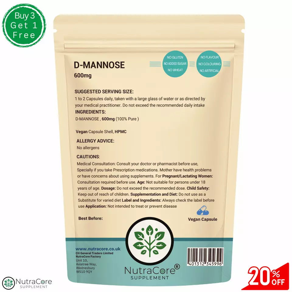 D-Mannose Caps 600mg-(99%)Healthy Urinary Tract-Cystitis Relief UTI&Liver Health