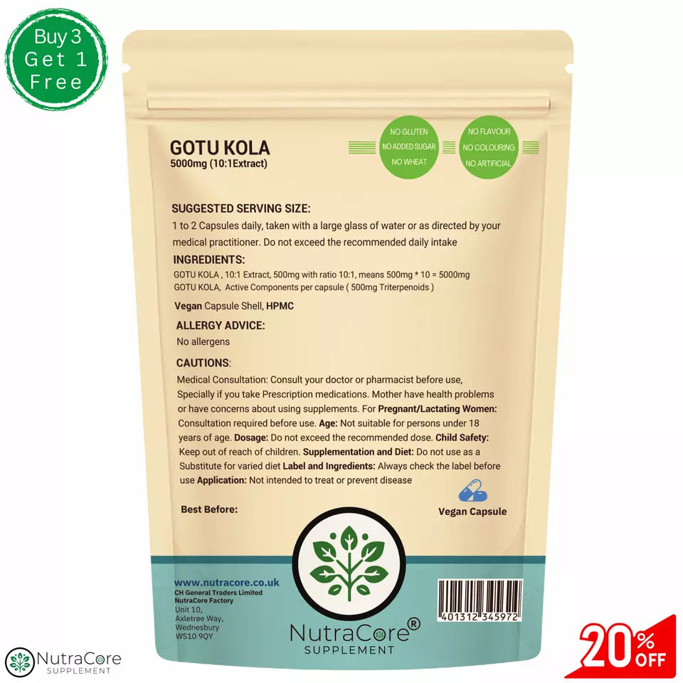 Gotu Kola Capsules 5000mg-( 10% Triterpenoids)-Brain, Cognition & Memory Support