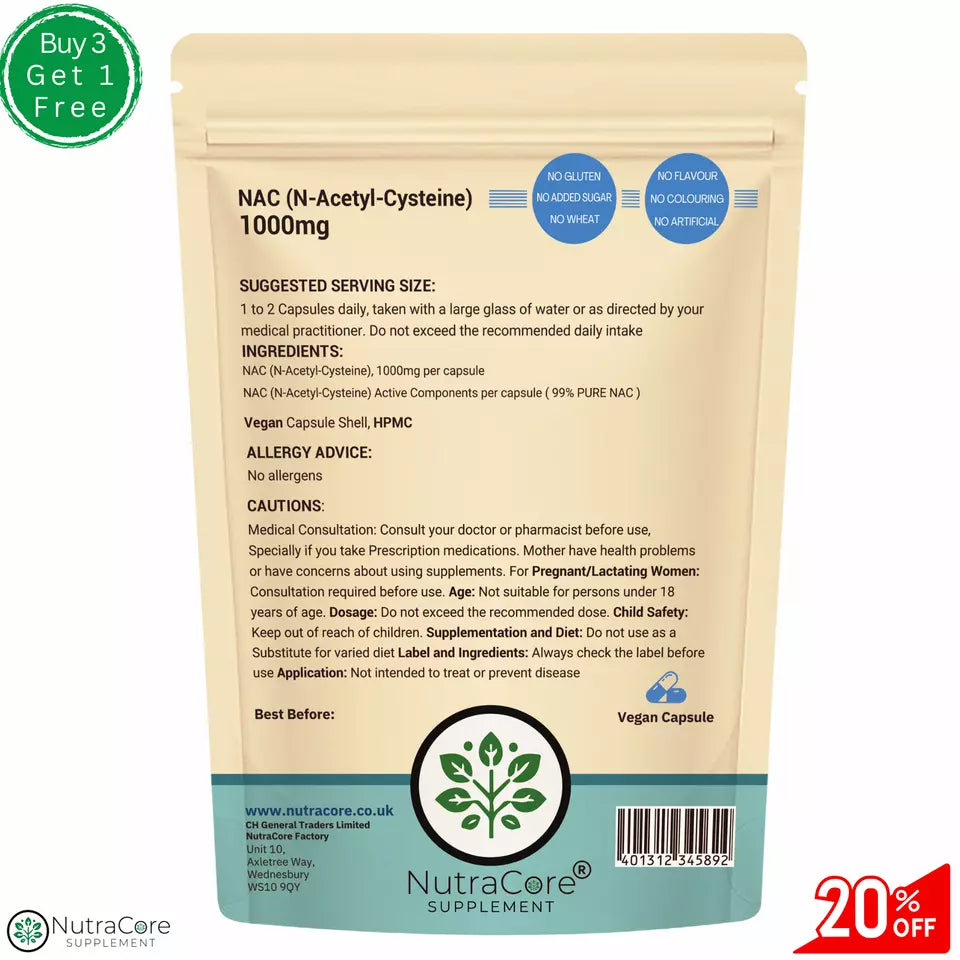 NAC (99% N-Acetyl-Cysteine) Capsules-1000mg-Liver & Lung Support & Brain Health