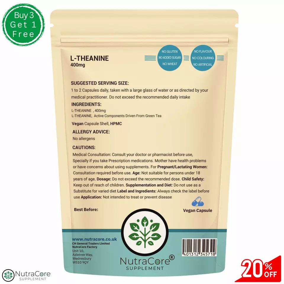 L-Theanine 400mg Capsules | Vegan Calm Focus & Cognitive Support