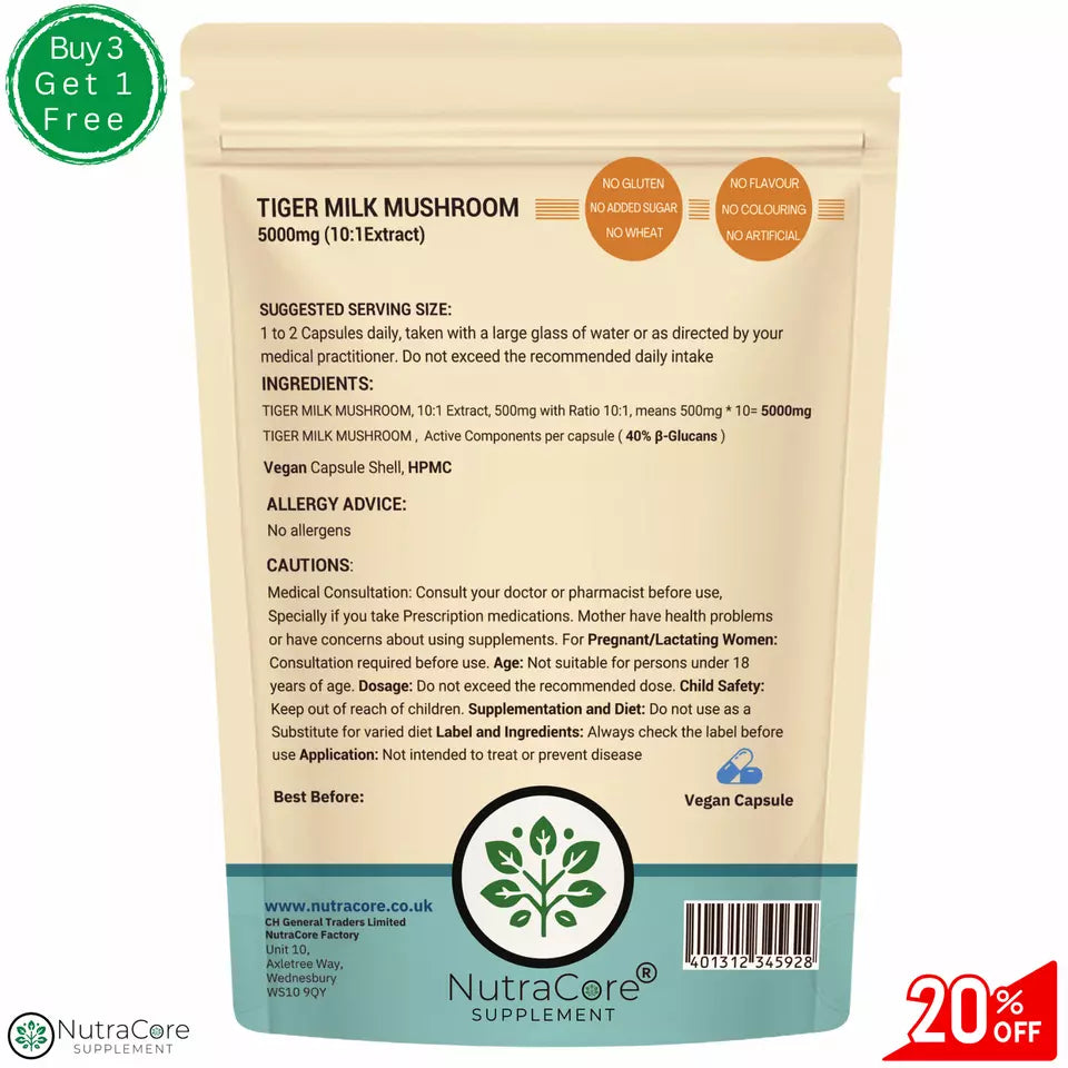 Tiger Milk Mushroom 5000mg Capsules-(40%B-Glucans)-100% Natural & Vegan Product