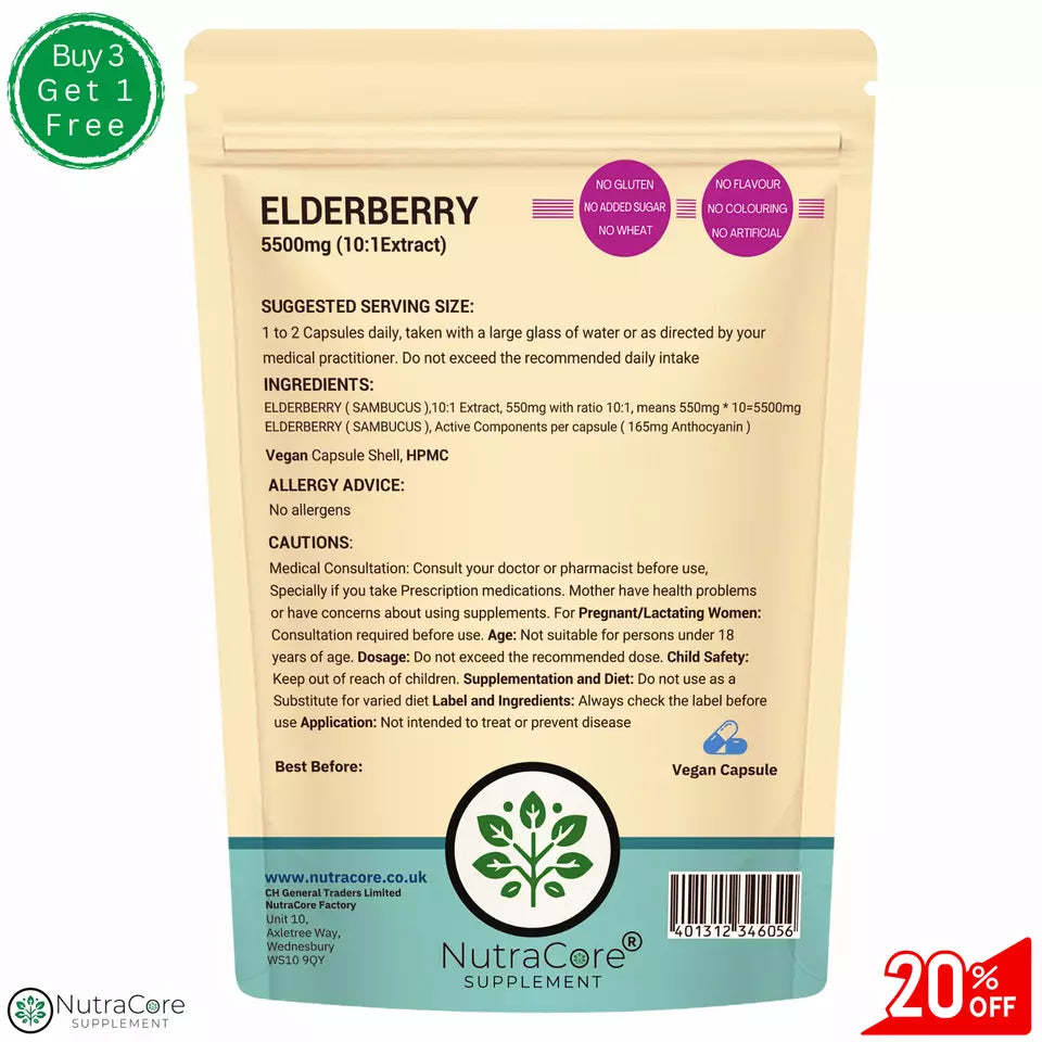 ELDERBERRY (SAMBUCUS ) Capsules 5500mg ( 165mg Anthocyanin)-Vegan