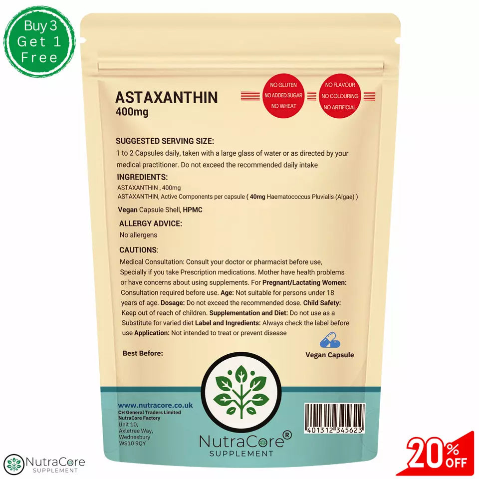 Astaxanthin Capsules 400mg -(40mg Haematococcus Pluvialis)-100%Natural Algae