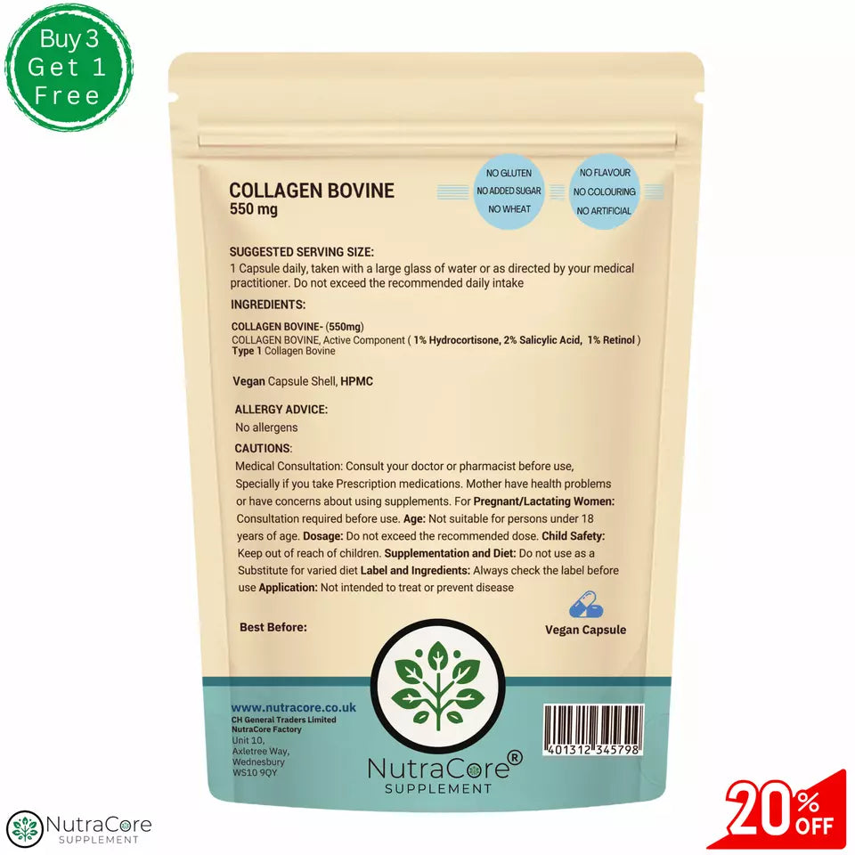 Collagen Bovine Capsule 550mg-(2%Salicylic Acid)-Gut ,Hair, Nails, Skin Health