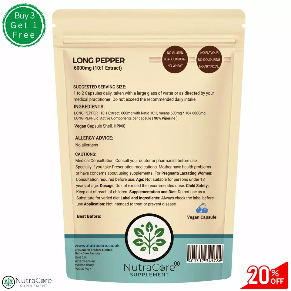Pippali Capsules (Long Pepper)-6000mg (90% Piperine)-Heartburn & Indigestion
