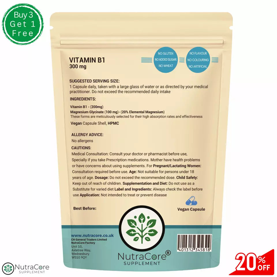 Vitamin B1 Capsule 300mg-Brain, Heart&Digestive Support, Energy&Immunity Support