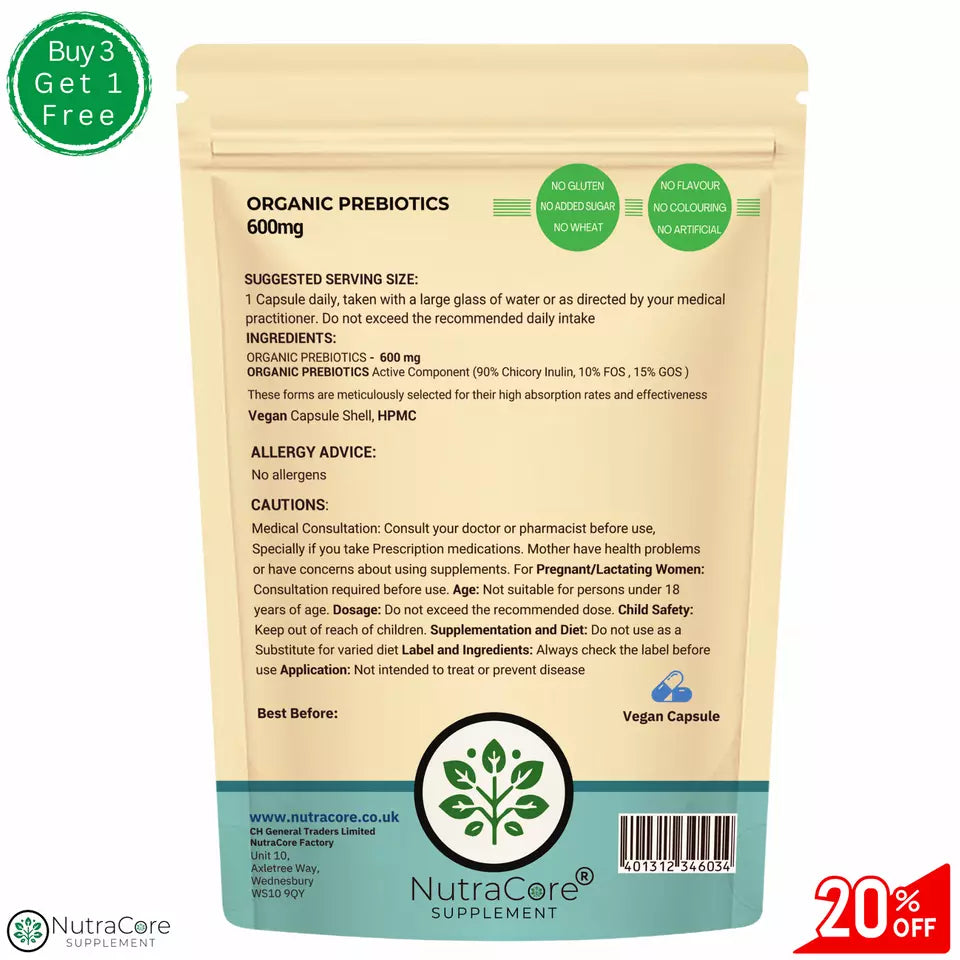 ORGANIC PREBIOTICS 600mg Capsules(90%Chicory Inulin, 10%FOS, 15%GOS)-Gut Balance