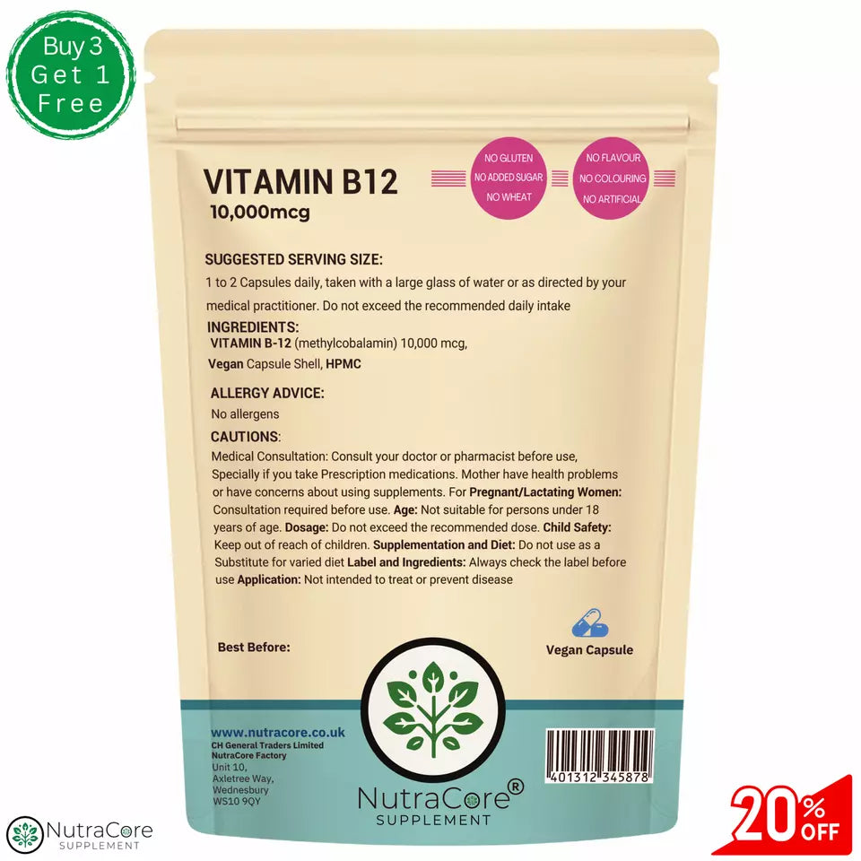 Vitamin B12 10000mcg Methylcobalamin Capsules – High Strength Vegan