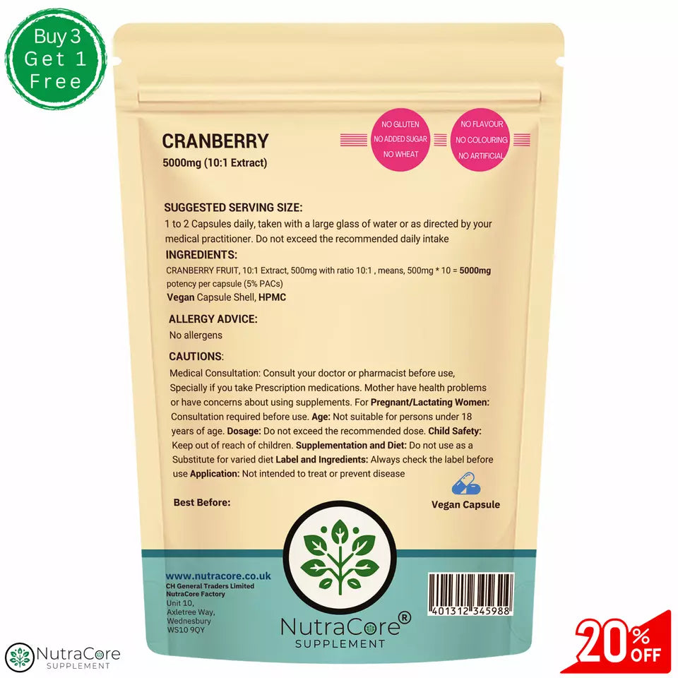 Cranberry Extract Capsules 5000mg -(5% PACs) UTI Support & Kidney Health-Vegan