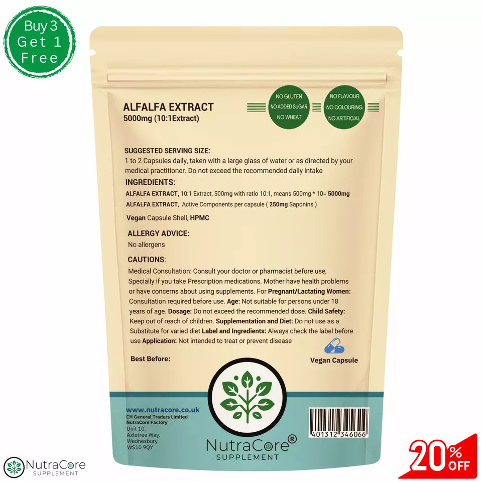 Alfalfa Extract Capsules 5000mg-(250mg Saponins)-Cholesterol & Blood Sugar