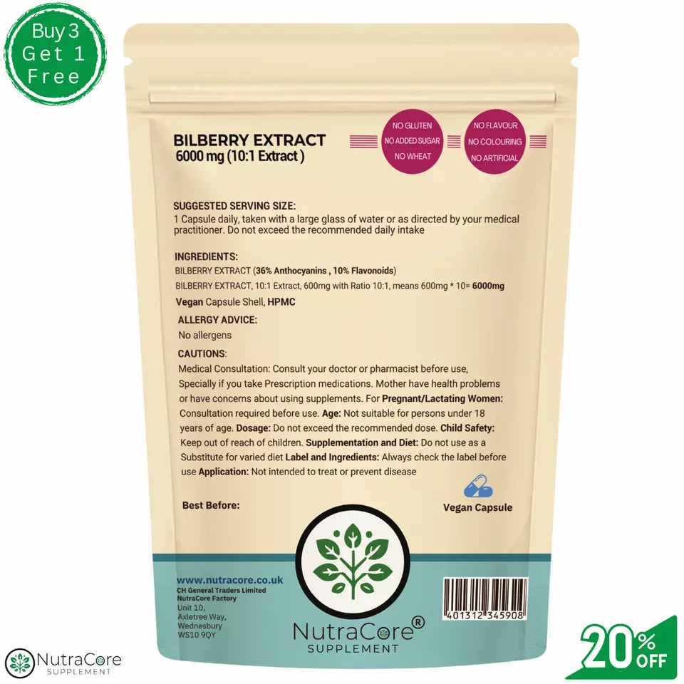 Bilberry Extract Capsules, 6000mg-(36% Anthocyanins)-100% Natural & Vegan