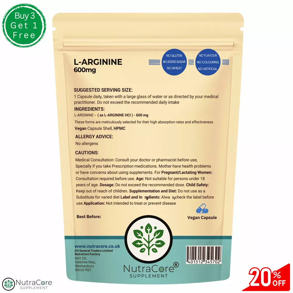 L-Arginine Capsules 600mg- Muscle Growth, Workout Muscle Support-Veg Caps