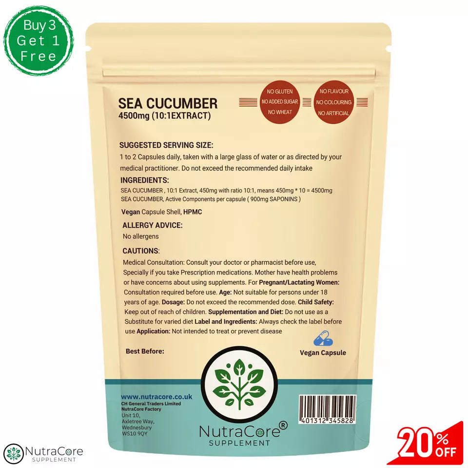 SEA CUCUMBER Capsules 4500mg-(5% Saponins)-Joint Health-100% Natural & Strong