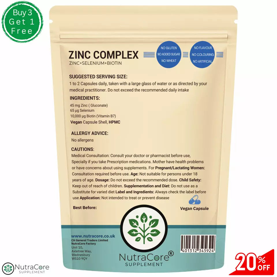 Zinc Complex Capsules-(Zinc+ Selenium+ Biotin )-Skin & Hair-100% Natural & Vegan