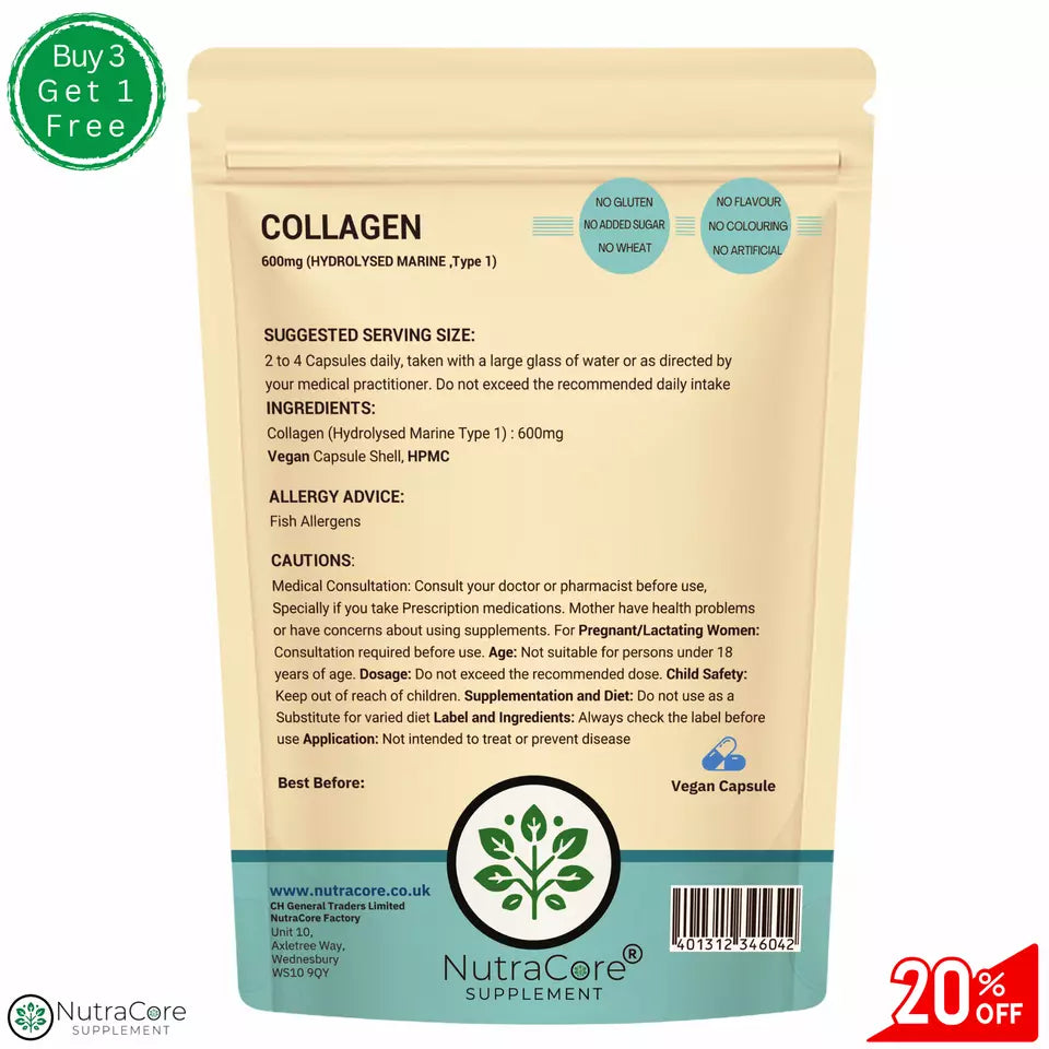 Collagen Capsules 600mg (Hydrolysed Marine Type 1)-Max Strength Skin Hair-Vegan