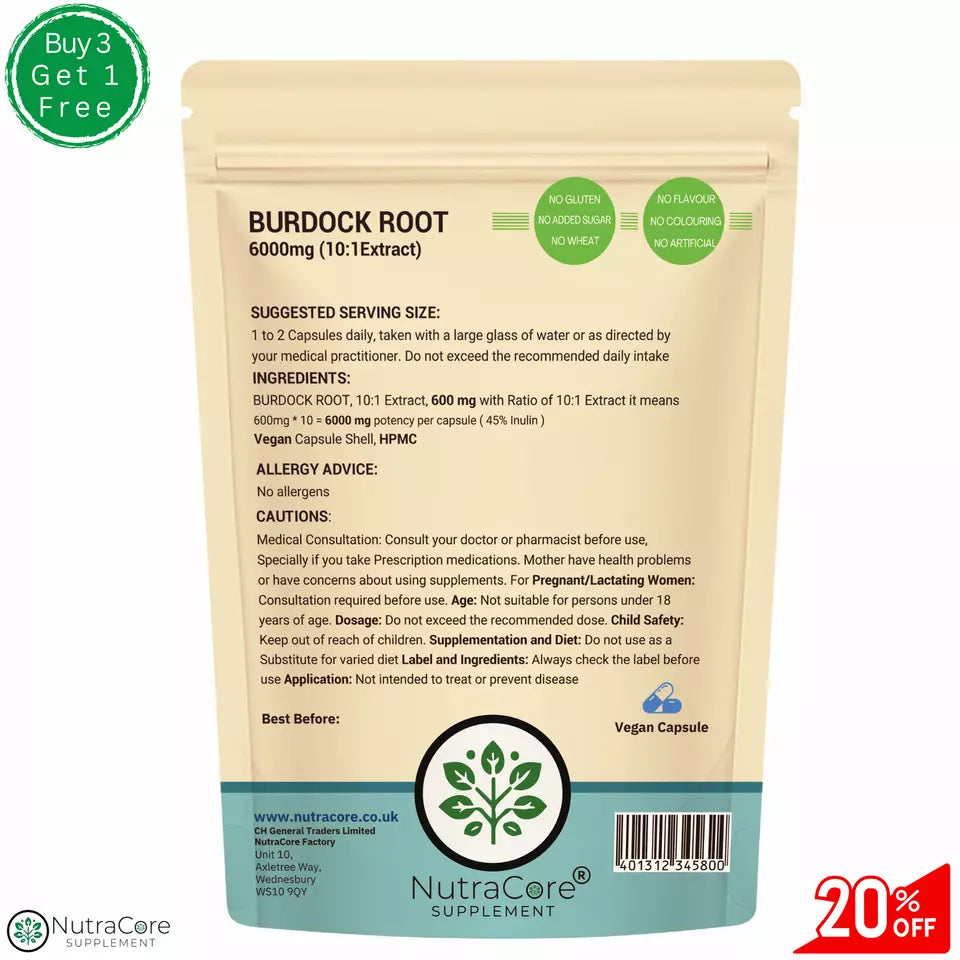 Burdock Root Extract Capsules 6000mg-(45% Inulin)-100% Natural & Strong-Vegan