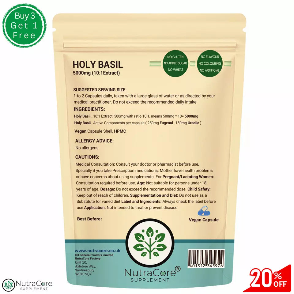 Holy Basil Capsules 5000mg-(3% Mucilage, 5% Saponins)-Brain Health, Vegan