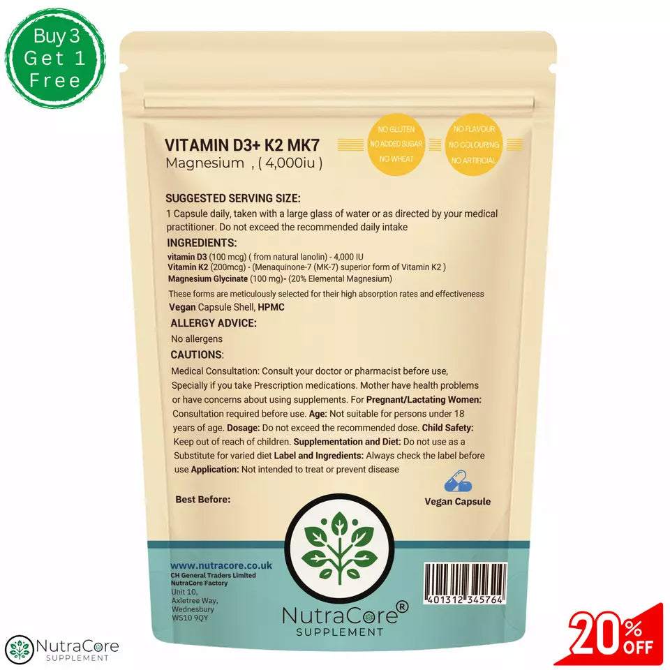 Vitamin D3 4000IU+K2 MK7 200mcg Caps(20%Elemental Magnesium)-Natural Vitamin D3