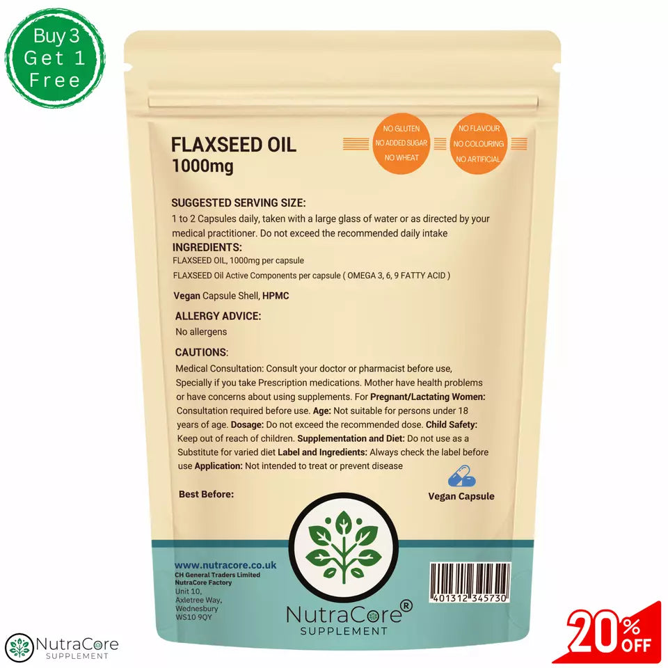 Flaxseed Oil 1000mg Capsules Omega 3 6 9 Fatty Acid help Heart Health, Flax Seed