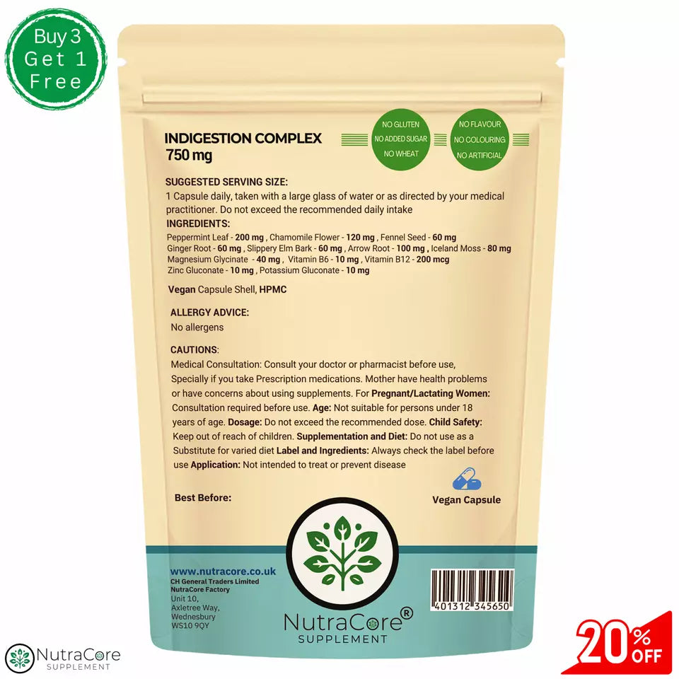 Indigestion Extract Blend Capsules 750mg-Health Digestion-100%Vegan&Natural Caps