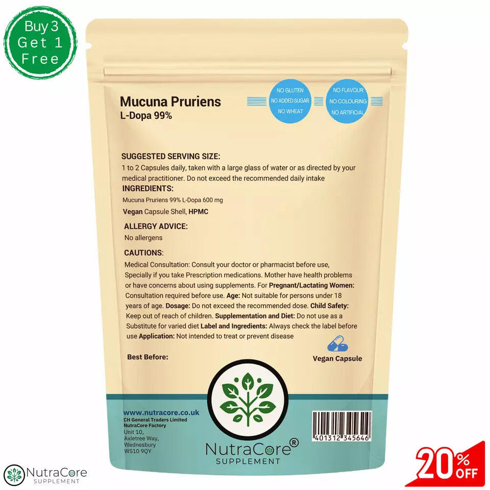 Mucuna Pruriens Capsules 600mg-( 99% L-Dopa )-Natural, Strong, Vegan Supplements