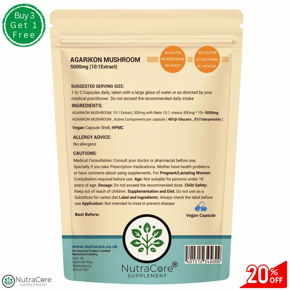 Agarikon Mushroom Capsules 5000mg-(40%-Glucans , 5%Triterpenoids)-Vegan &Natural