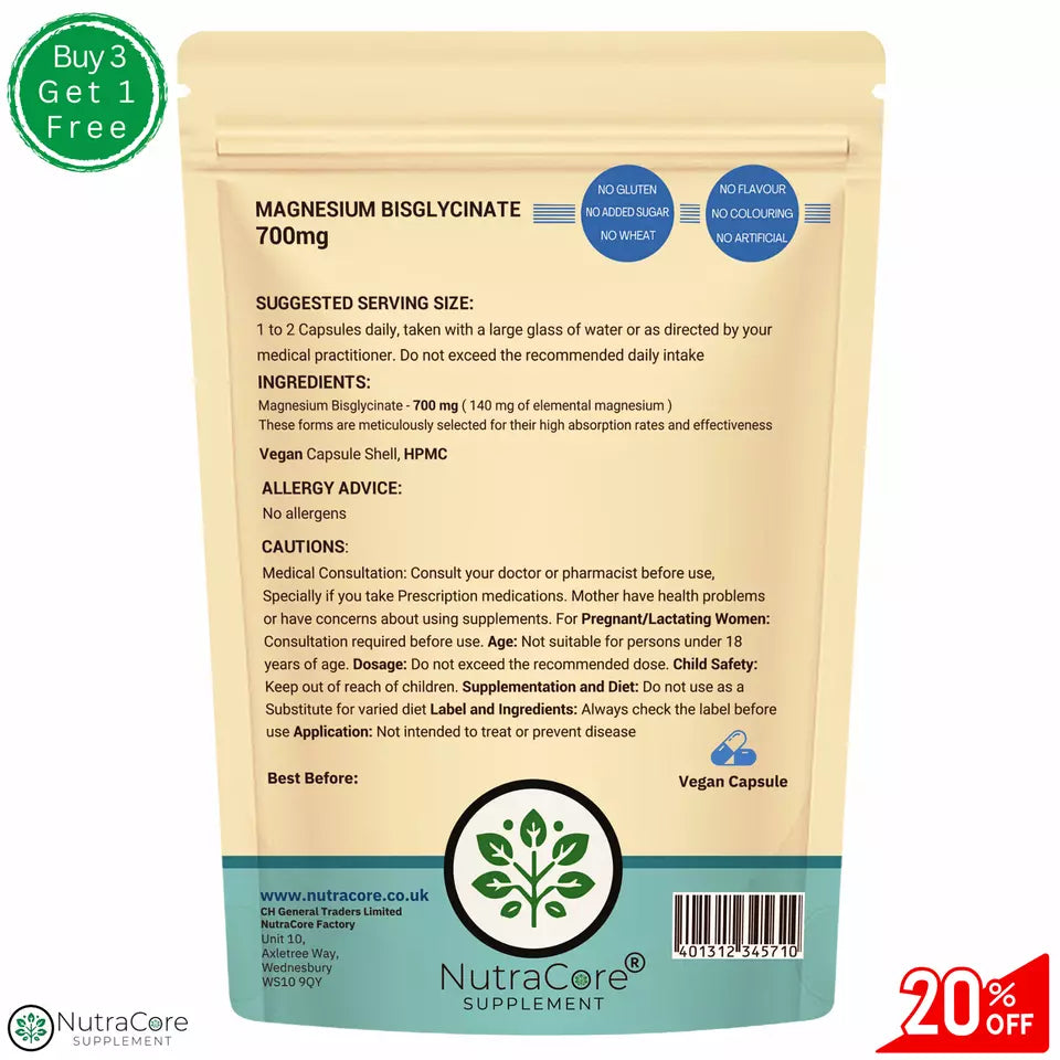 Magnesium Bisglycinate Capsules 700mg (140 mg of Elemental Magnesium)-100% Vegan