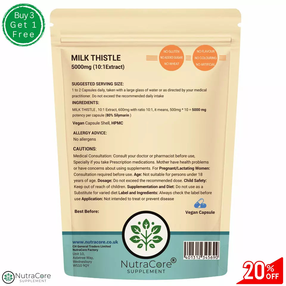 Milk Thistle Capsules 5000mg-90% Silymarin-Help Detox &Digestion-Vegan Capsule