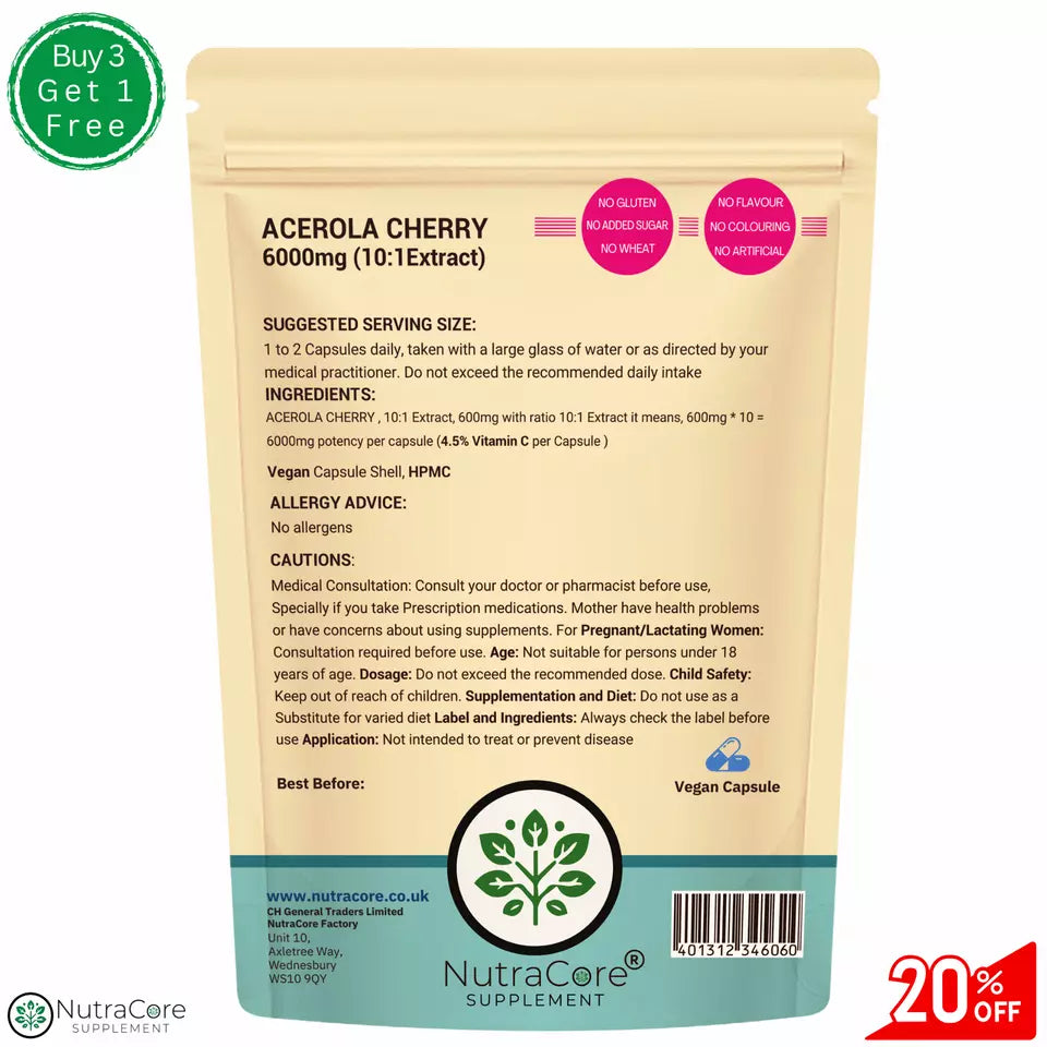 Acerola Cherry Capsules 6000mg ( 45% Vitamin C)-Immunity & Liver Support