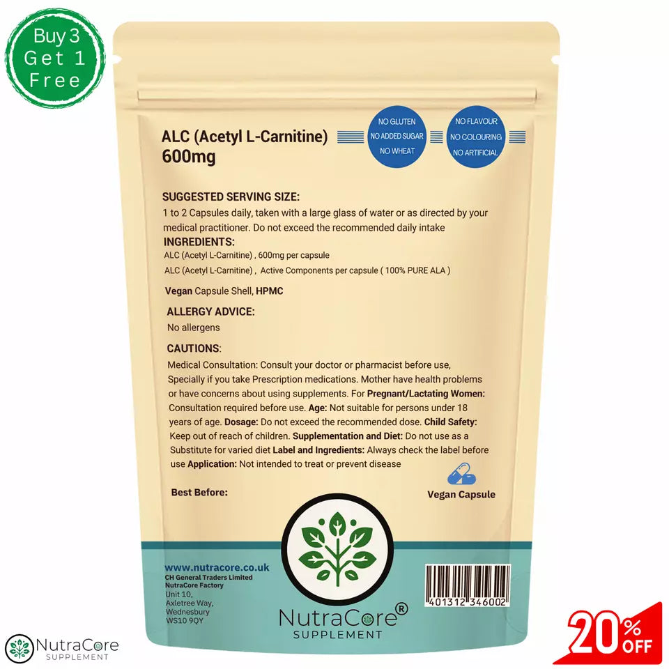Acetyl L-Carnitine, 600mg Capsules-ALC Guaranteed 100% Pure-Weight Management