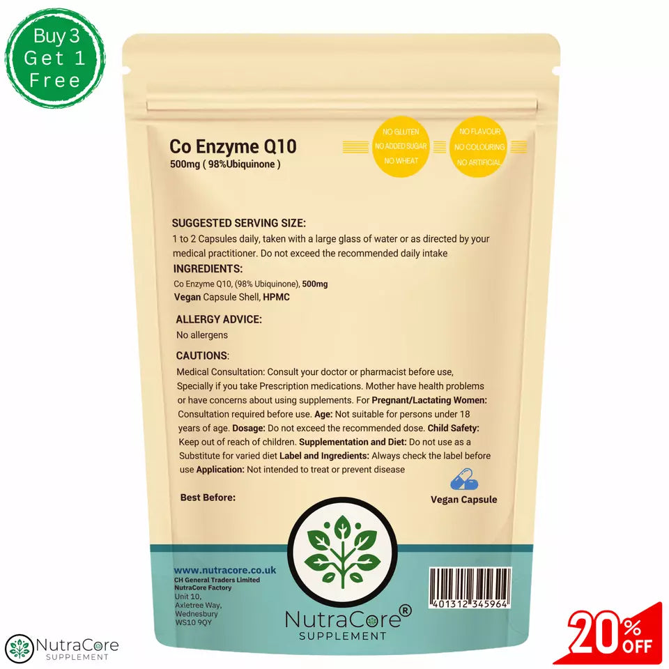 Co Enzyme Q10 500mg Capsules High Absorption 98% Ubiquinone-Pure&Natural CoQ10