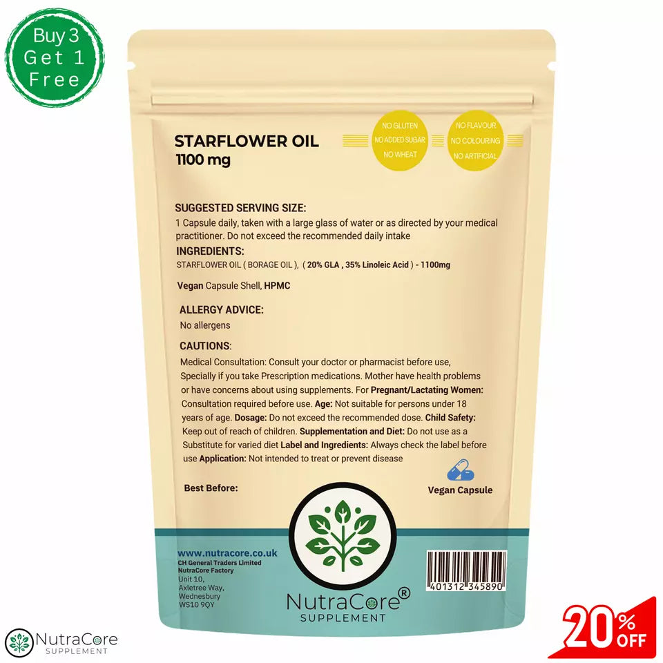 STARFLOWER OIL (BORAGE OIL) Capsules, 1100mg-(20% GLA , 35% Linoleic Acid)-Vegan