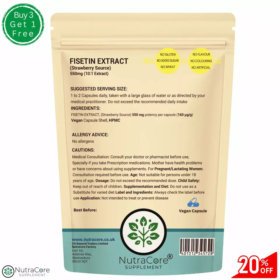 Fisetin Extract 550mg Caps (Strawberry Source)-(160 µg/g)-Vegan & Effective Caps