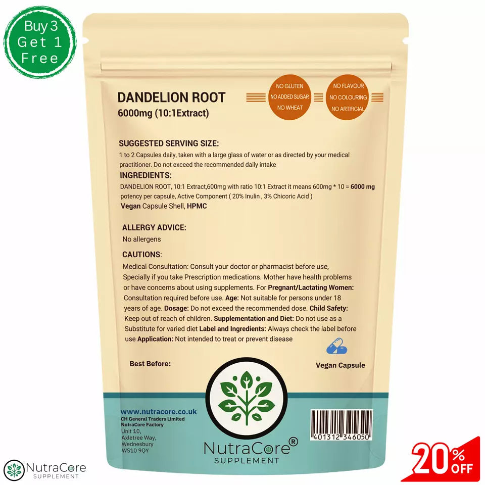 Dandelion Root Capsules 6000mg-(20% Inulin,3% Chicora Acid)-Liver Support &Vegan