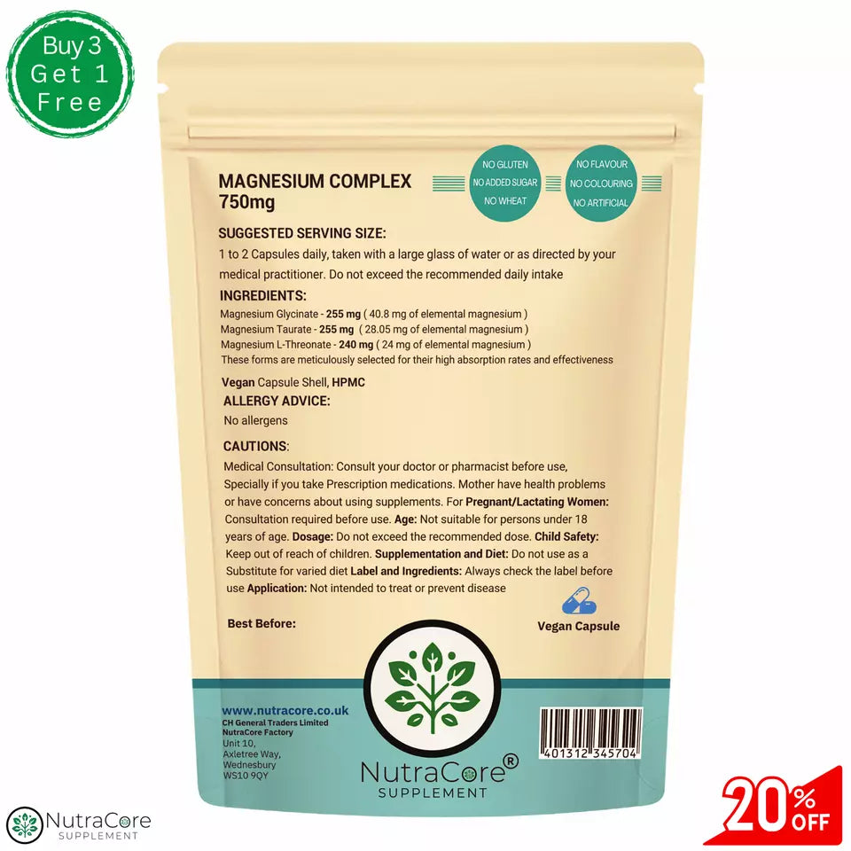 Magnesium Complex Capsules 750mg-Mag. Glycinate, Mag. Taurate, Mag. L-Threonate