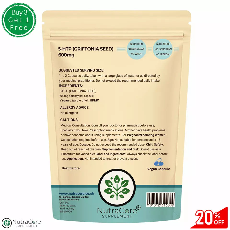 5HTP 600mg Capsules High Strength Griffonia Seed- Mood, Serotonin, Sleep, Stress
